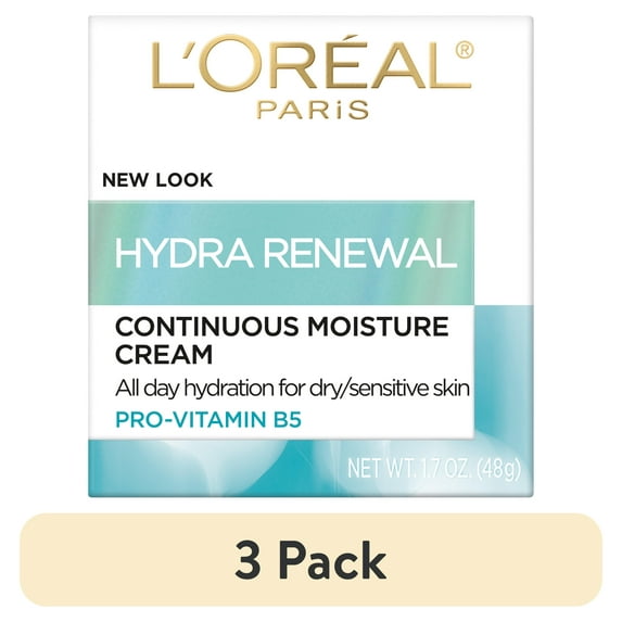 (3 pack) L'Oreal Paris Hydra-Renewal Continuous Facial Moisturizer for Dry Sensitive Skin, 1.7 oz
