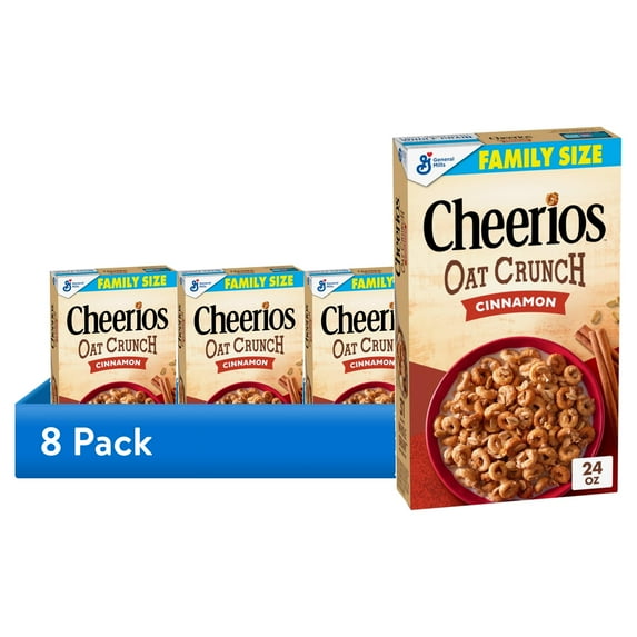 (8 pack) Cheerios Oat Crunch Cinnamon Breakfast Cereal, Made with Whole Grain, Family Size, 24 oz