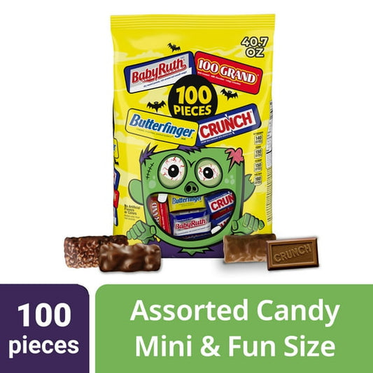 Butterfinger, CRUNCH, Baby Ruth, 100 Grand Mini and Fun Size Assorted Candy Bars, Bulk 100 Count Pack, 40.7 oz