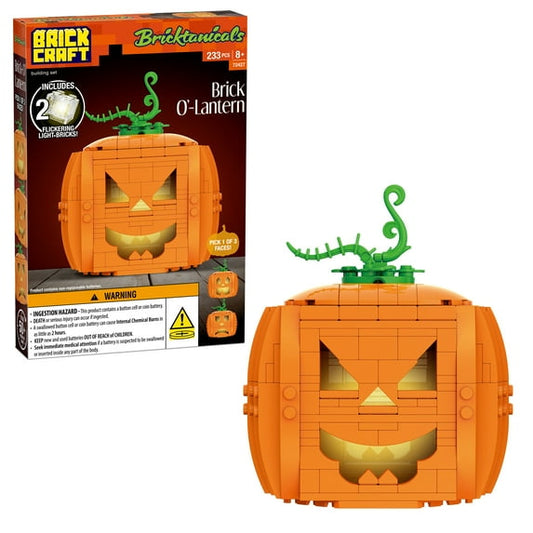 Brickcraft Brick-O’-Lantern (233-Piece Pumpkin Kit)– Build 3 Faces with 2 Light Bricks, 13.7 cm Tall Halloween Display for Ages 8+
