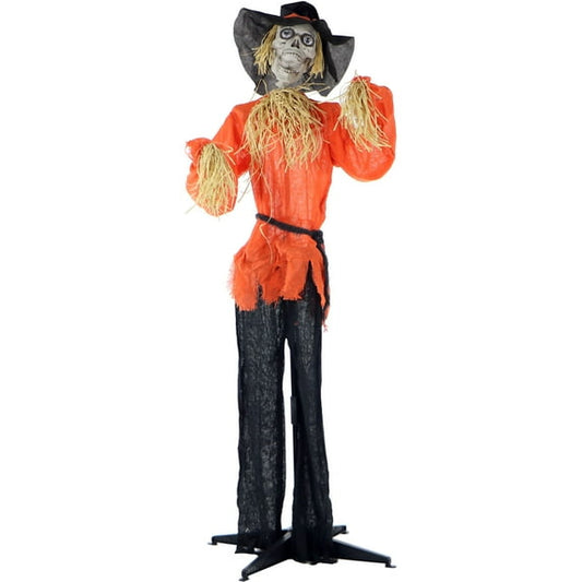 Haunted Hill Farm 5 ft Life-Size Animated Skeleton Scarecrow Prop With Rotating Head, Multicolor, HHSCR-1FLSA