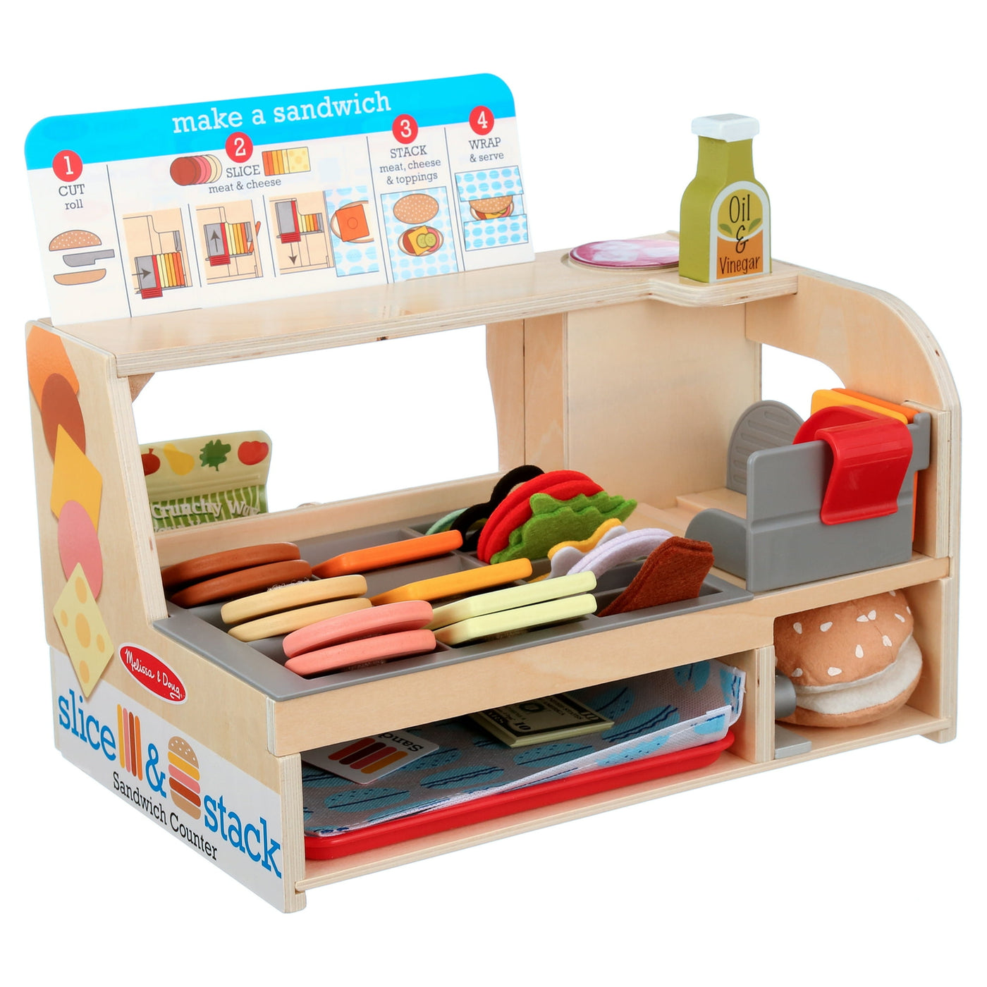 Melissa & Doug Wooden Slice & Stack Sandwich Counter with Deli Slicer – 56-Pieces - FSC Certified
