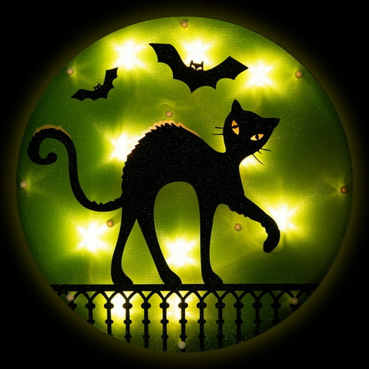 Northlight Lighted Cat Halloween Window Silhouette - 13.75" - Green - Clear lights