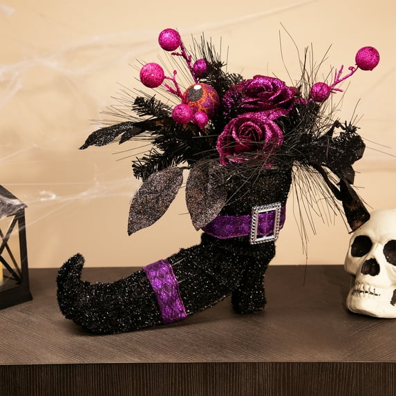 Northlight Witch's Boot with Glittered Foliage Halloween Decoration - 12" - Black and Purple