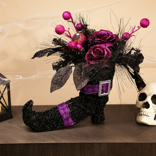 Northlight Witch's Boot with Glittered Foliage Halloween Decoration - 12" - Black and Purple