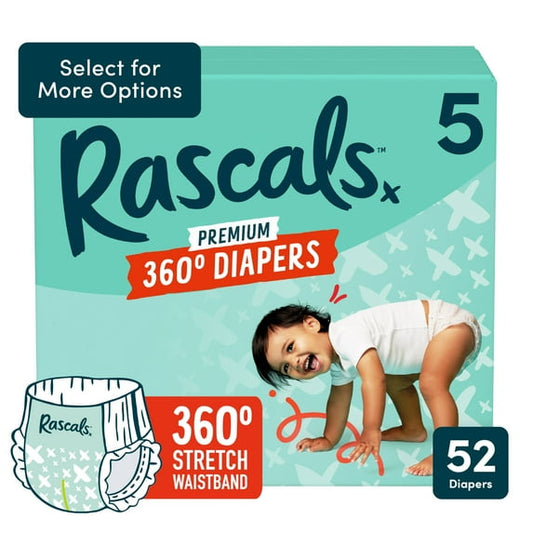 Rascals Premium 360 Absorbent Pull-On Diapers, Size 5, 52 Count