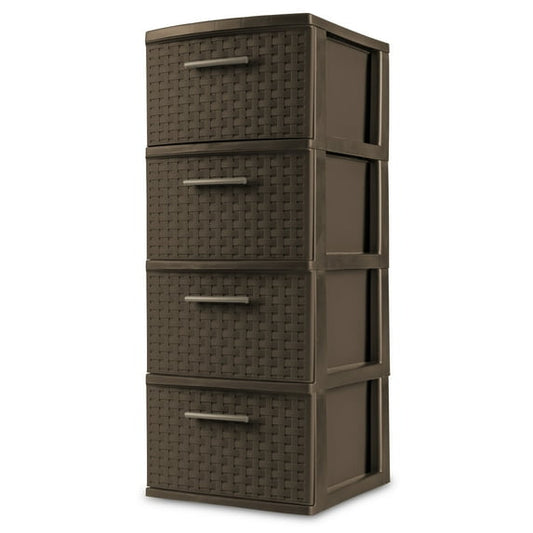 Sterilite 4 Drawer Weave Tower, Plastic Décor Drawers with Pull Handles, Brown