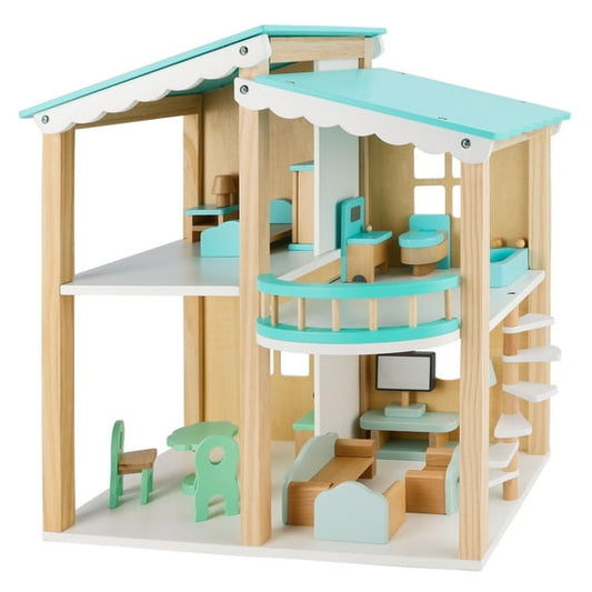 Wooden Dollhouse for Kids Girls, Toy Gift for 3 4 5 6 Years Old, 2 Story with 16-Piece Furnitures, Easy to Assemble Doll House Toy, Blue