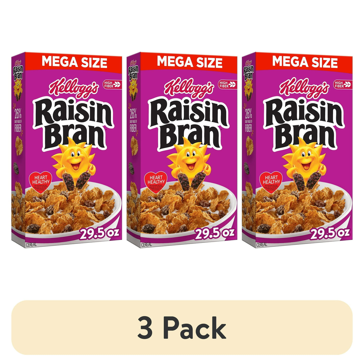 (3 pack) Kellogg’s Raisin Bran Breakfast Cereal, High Fiber, 28g Whole Grain, Mega Size, 29.5 oz