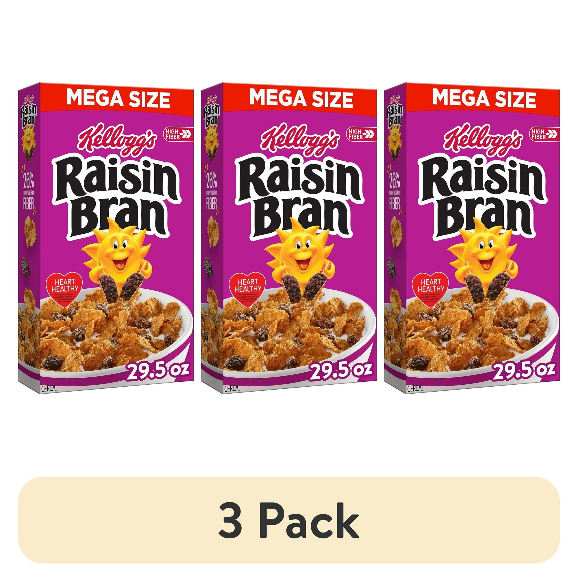 (3 pack) Kellogg’s Raisin Bran Breakfast Cereal, High Fiber, 28g Whole Grain, Mega Size, 29.5 oz