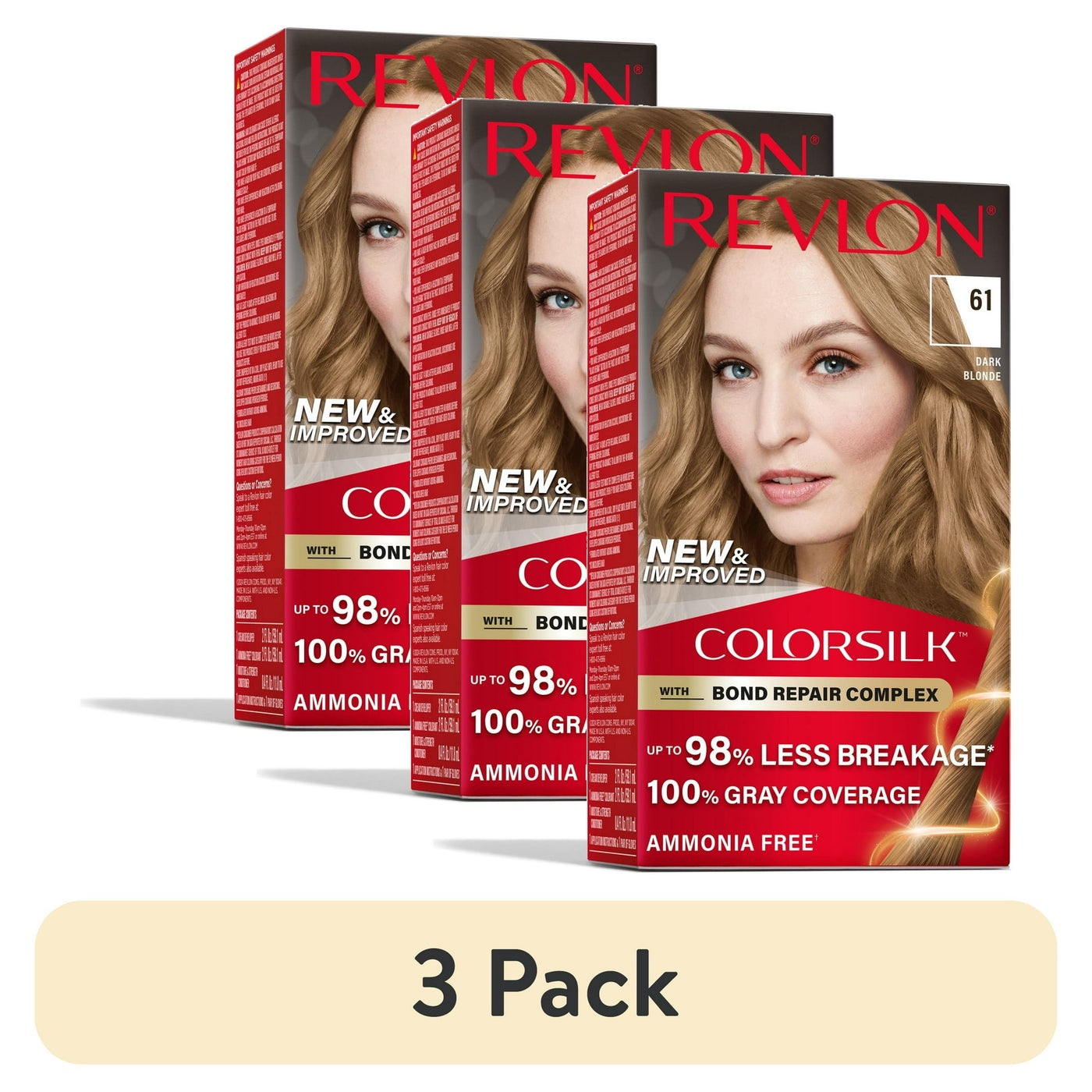 (3 pack) Revlon ColorSilk Permanent Hair Color, Bond Repair Complex, 61 Dark Blonde, 1 pack