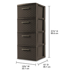 Sterilite 4 Drawer Weave Tower, Plastic Décor Drawers with Pull Handles, Brown