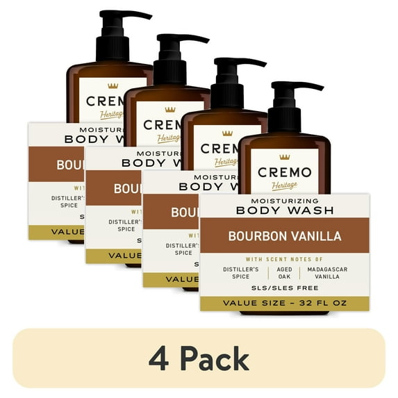 (4 pack) Cremo Men's Body Wash, Bourbon Vanilla Scent, 32 fl oz
