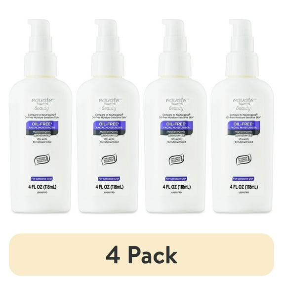 (4 pack) Equate Oil-Free Facial Moisturizer for Face Care of Sensitive Skin, Fragrance Free, 4 fl oz, Compare to Neutrogena® Oil-Free Moisture Sensitive Skin