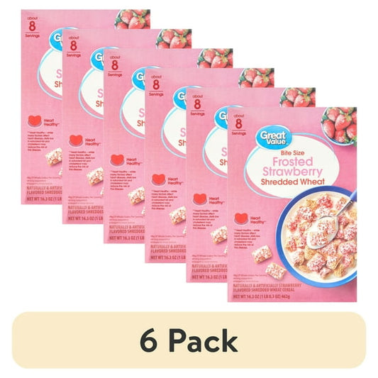 (6 pack) Great Value Bite Size Frosted Strawberry Shredded Wheat Breakfast Cereal, 16.3 oz
