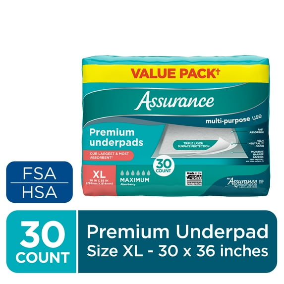 Assurance Unisex Premium Underpad for Adults, XL , Maximum Absorbency (30 Count)