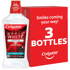 Colgate Optic White Whitening Mouthwash, 2% Hydrogen Peroxide, Fresh Mint, 32 fl oz, 3 Pack