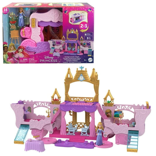 Disney Princess Carriage to Castle Transforming Playset with Aurora Small Doll, 4 Figures & 3 Levels
