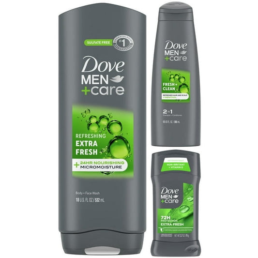 Dove Men+Care Extra Fresh Collection Body Wash, 2-in-1 Shampoo + Conditioner & Antiperspirant Deodorant Stick, 3 Count