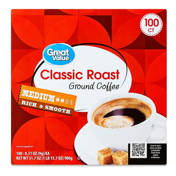 Great Value Classic Medium Roast Ground Coffee Pods, 31.7 oz, 100 Count