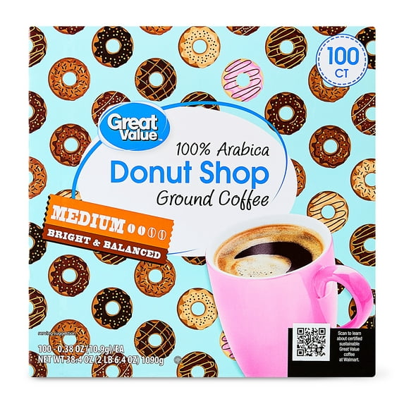 Great Value Donut Shop 100% Arabica Medium Roast Ground Coffee Pods, 38.4oz, 100 Count