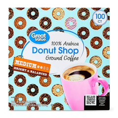 Great Value Donut Shop 100% Arabica Medium Roast Ground Coffee Pods, 38.4oz, 100 Count