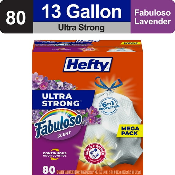 Hefty Ultra Strong 13 gallon Trash Bags, Tall Kitchen Trash Bags, White, Fabuloso Scent, 80 Bags