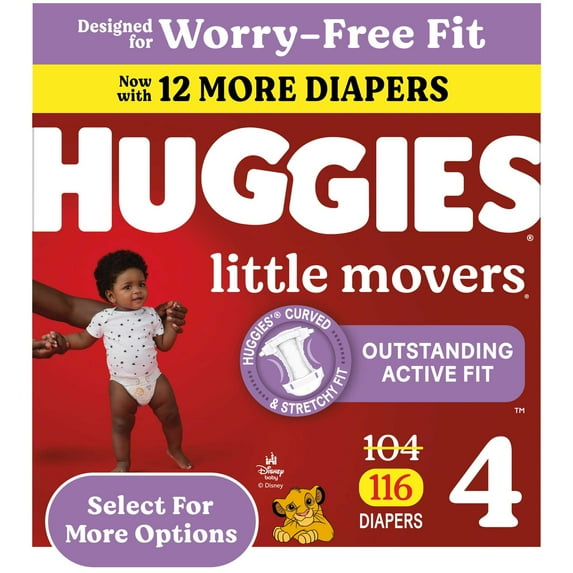Huggies Little Movers Baby Diapers, Size 4 (22-37 lbs), 116 Count (Select for More)