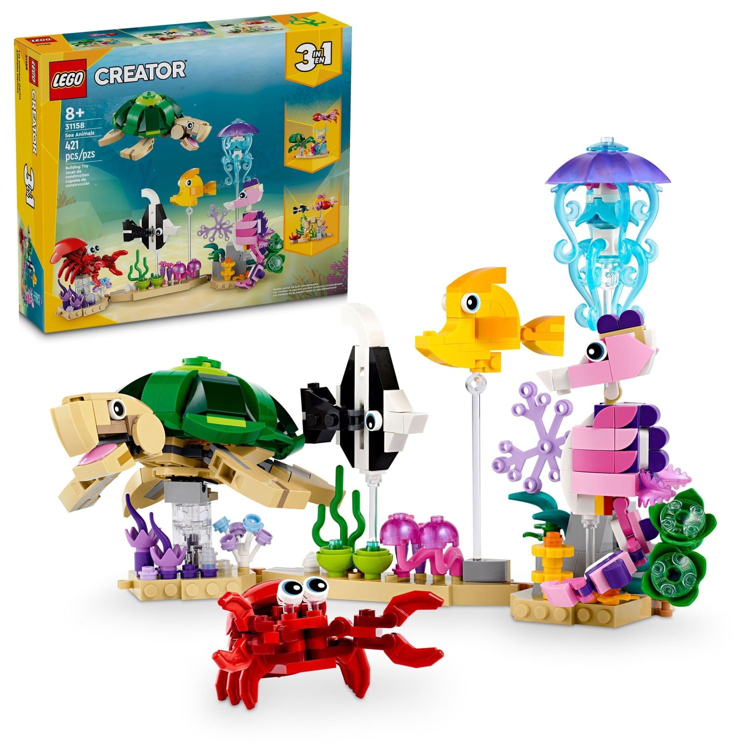 LEGO Creator 3 in 1 Sea Animals Toy Building Set, Transforms from Turtle to Fish to Octopus and Squid Models, Birthday Gift for Boys and Girls, 31158