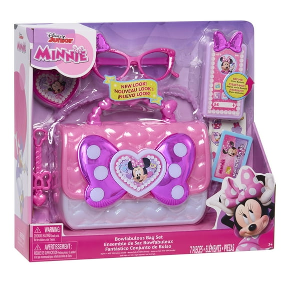 Disney Junior Minnie Mouse Bowfabulous Bag Set, 7-piece, Pretend Play, Kids Toys for Ages 3 Up