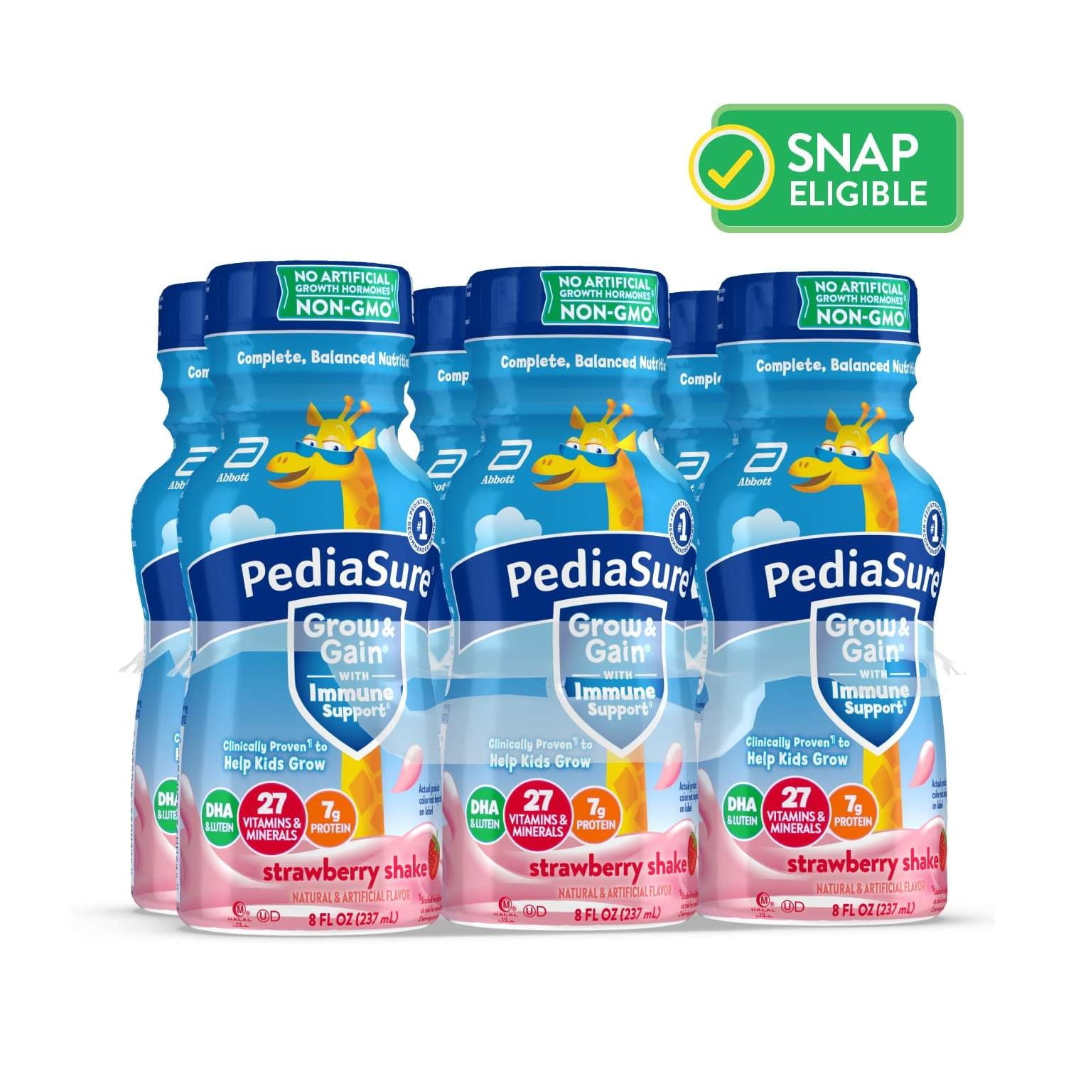 PediaSure Grow & Gain with Immune Support, 7g Protein, Strawberry, 8-fl-oz Bottle, 6 Shakes