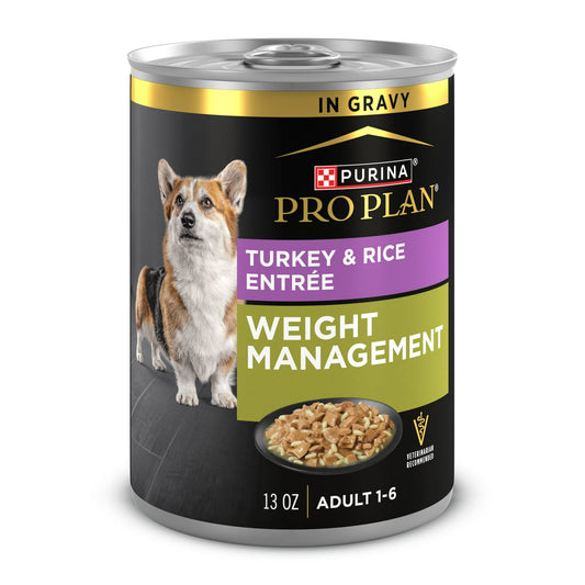 Purina Pro Plan Weight Management Wet Dog Food Turkey and Rice Entree in Gravy, 13 oz Cans (12 Pack)