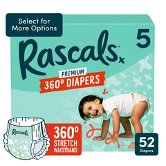 Rascals Premium 360 Absorbent Pull-On Diapers, Size 5, 52 Count