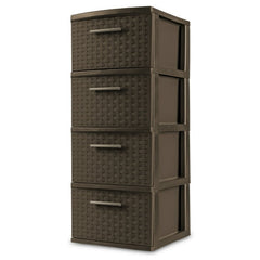Sterilite 4 Drawer Weave Tower, Plastic Décor Drawers with Pull Handles, Brown