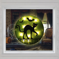 Northlight Lighted Cat Halloween Window Silhouette - 13.75" - Green - Clear lights