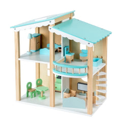 Wooden Dollhouse for Kids Girls, Toy Gift for 3 4 5 6 Years Old, 2 Story with 16-Piece Furnitures, Easy to Assemble Doll House Toy, Blue