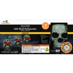 Skull Pathmarker Lights, 3 PC, Red LEDs, 17in, Battery Operated, Halloween Outdoor, by Way To Celebrate