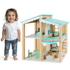 Wooden Dollhouse for Kids Girls, Toy Gift for 3 4 5 6 Years Old, 2 Story with 16-Piece Furnitures, Easy to Assemble Doll House Toy, Blue